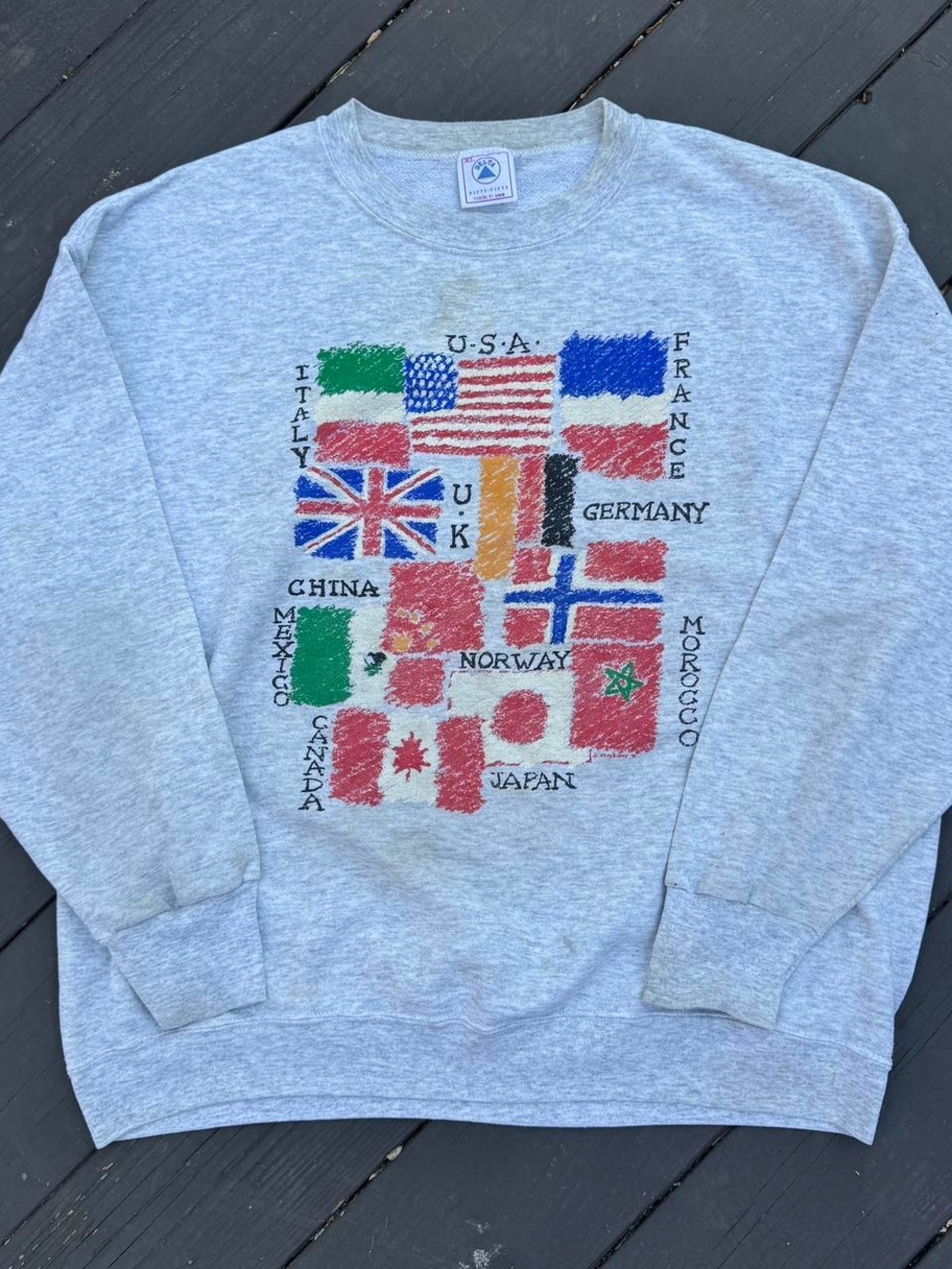 Gray Crewneck Sweatshirt with International Flag Graphic